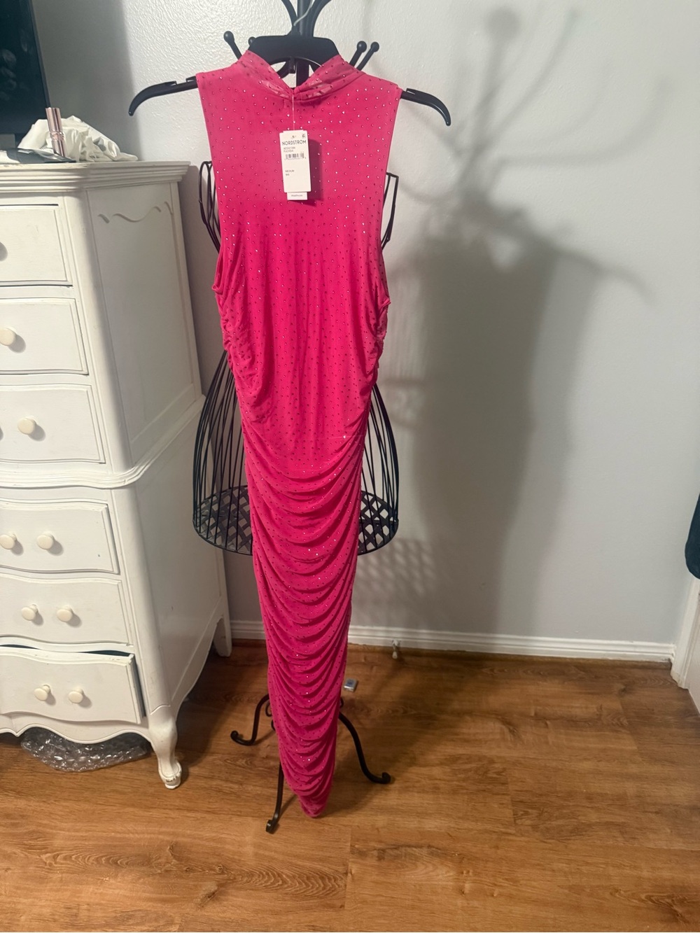 AFRM Hot Pink Sleeveless Ruched Maxi Dress with Sparkle